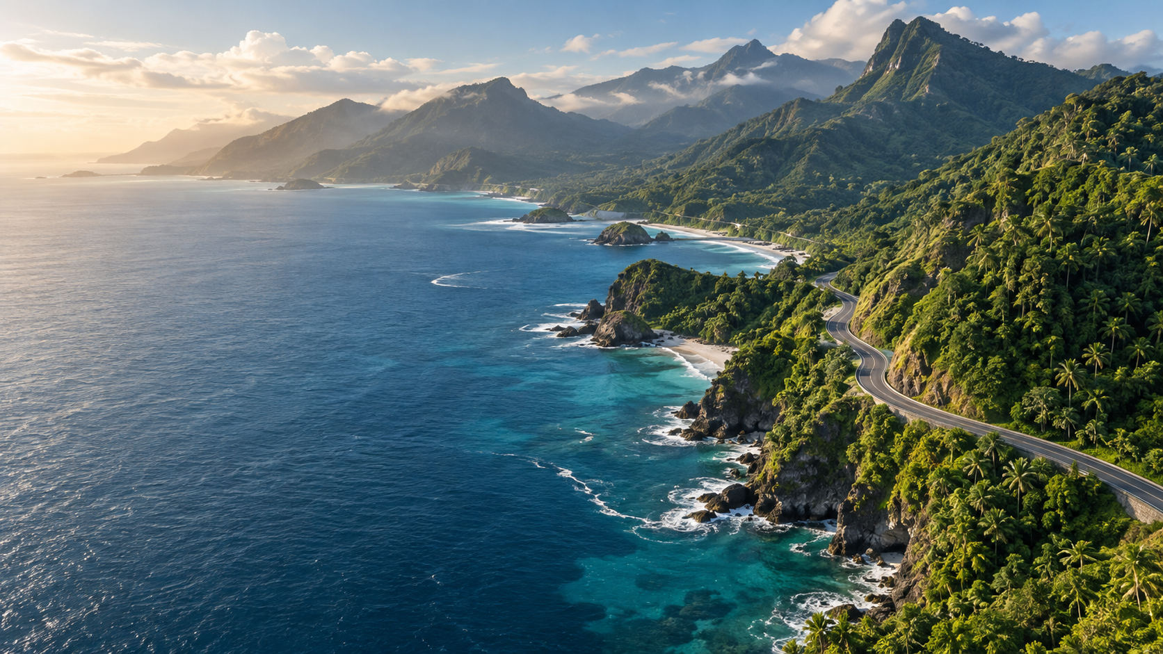 Conceptual Pacific coastline with a winding road through forested hills